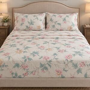 Vintage JP Stevens Queen Size Sheet Set Floral Cottage Core Flat Fitted No Iron